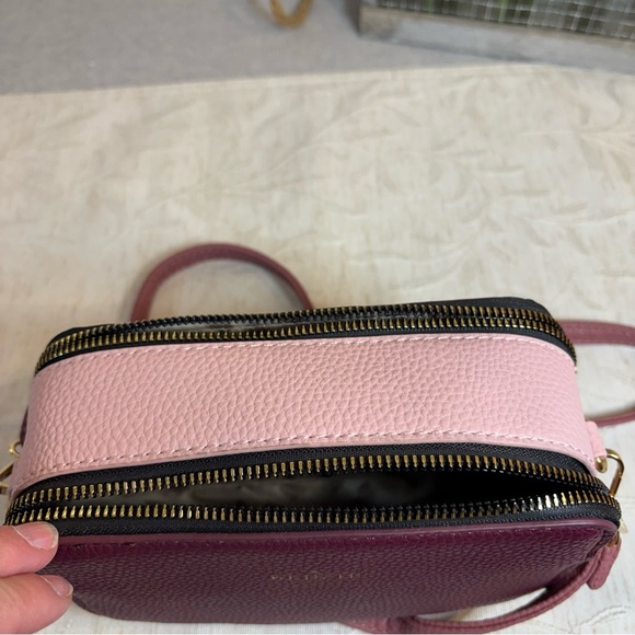 Kedzie Modernist Vegan Leather Double Zipper Small Crossbody. Wine color. - Picture 8 of 11